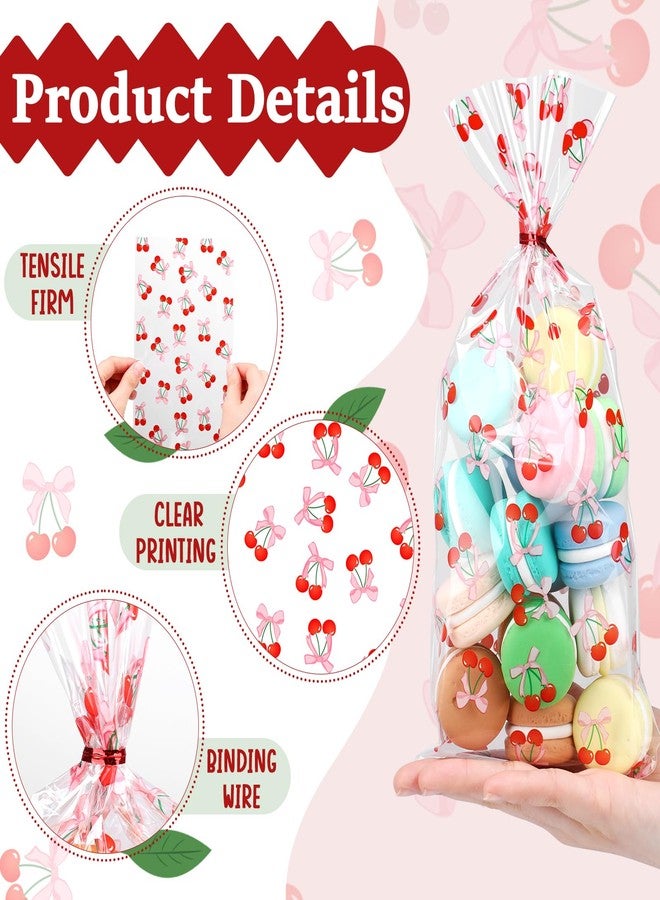 Yexiya 100pcs Cherry Cellophane Clear Treat Bags Pink Bows Candy Gift Bag with Ribbon Coquette Printed Plastic Goodie Snack Bags for Valentines Baby Shower Birthday Wedding Party Favors - Image 3